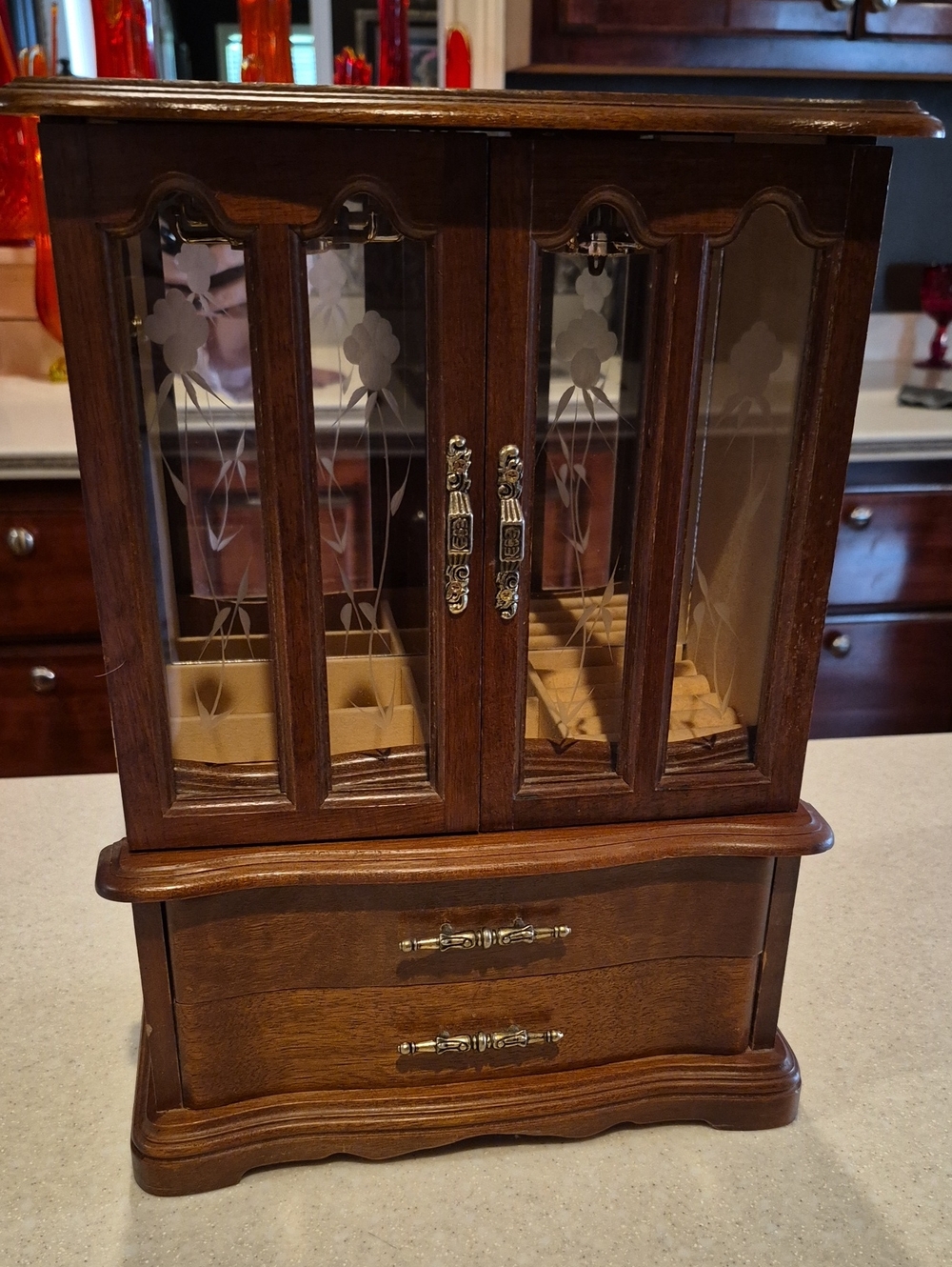 Brown Wooden Jewelry Cabinet with Glass Doors and Drawers 70s/80s